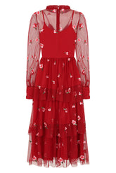 Carys Red Floral Embroidered Midi Dress